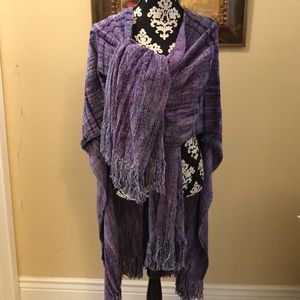 💜Pat Daris Hand dyed, Hand woven Velour Fringed versatile Ruanas Wrap + Belt
